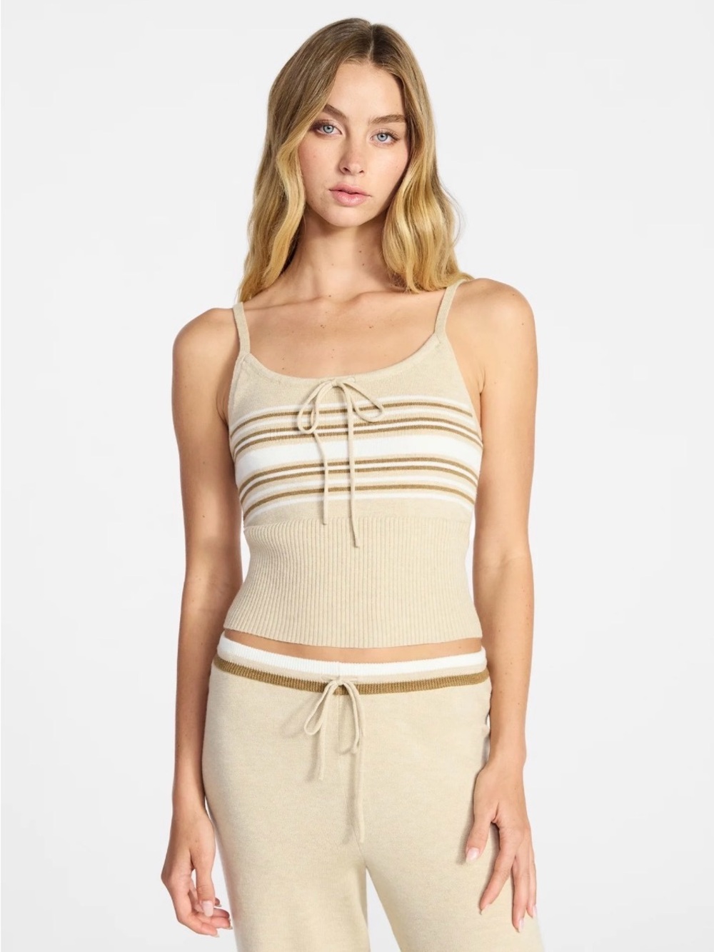 No Boundaries Khaki Twill Self Tie Front Striped Pattern Ribbed Hem Sweater Cami